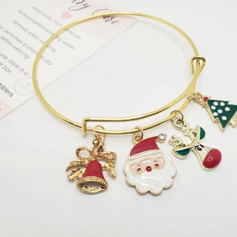Christmas Bells Charm Bracelet, Gold Jewelry For Women, Santa Charm